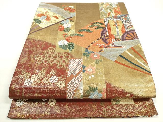 平和屋着物◎太鼓柄袋帯 唐織 桃山慶長の美 扇面色紙御車紋 金糸 正絹 逸品 DABD3527xg