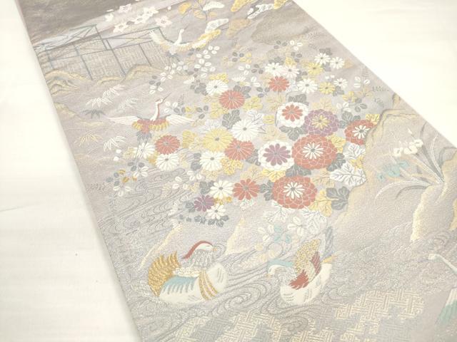 平和屋着物◎六通柄袋帯 九百新花鳥錦 流水花鳥文 金銀糸 正絹 逸品 DABD3529xg