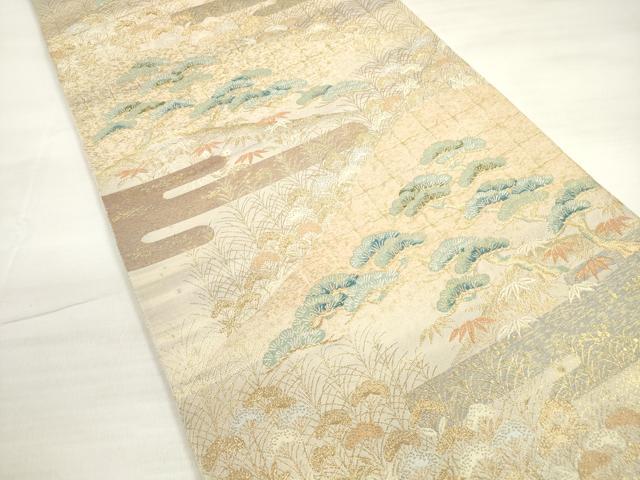 平和屋着物◎西陣 服部織物謹製 六通柄袋帯 唐織 エ霞 遠山花松文 金糸 正絹 逸品 DABD3538xg