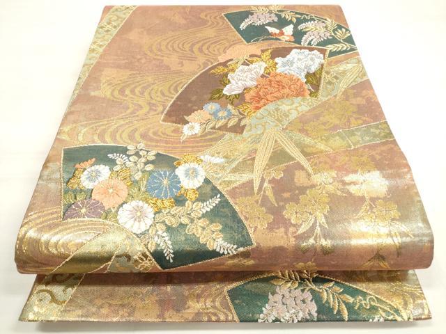 平和屋着物◎六通柄袋帯 唐織 流水地紙重ね花蝶文 金糸 三越扱い 正絹 逸品 DABD3634xg