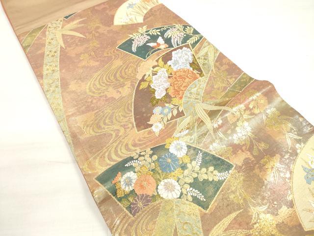平和屋着物◎六通柄袋帯 唐織 流水地紙重ね花蝶文 金糸 三越扱い 正絹 逸品 DABD3634xg