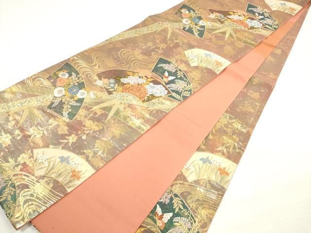 平和屋着物◎六通柄袋帯 唐織 流水地紙重ね花蝶文 金糸 三越扱い 正絹 逸品 DABD3634xg
