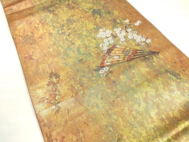 平和屋着物◎太鼓柄袋帯 扇子花蝶文 金糸 引箔 正絹 逸品 DABD3655xg