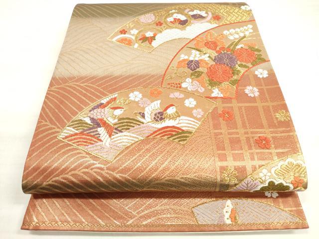 平和屋着物◎六通柄袋帯 唐織 立波地紙重ね花鳥舞蝶文 金糸 正絹 逸品 DABD3726xg