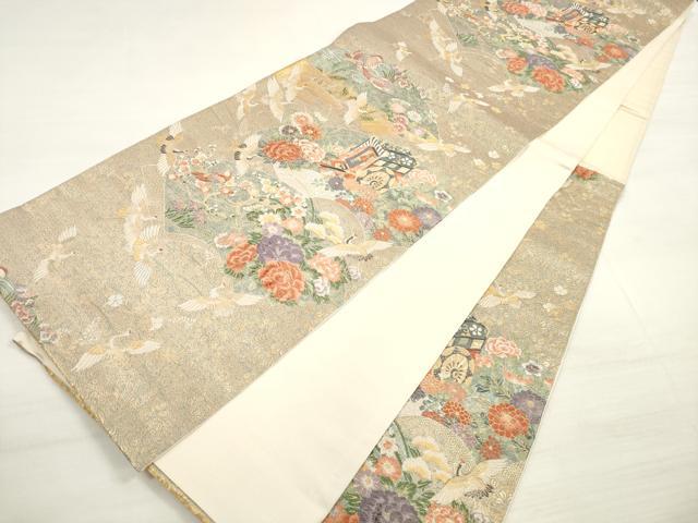 平和屋着物◎六通柄袋帯 唐織 地紙重ね御所車花鳥文 金糸 正絹 逸品 DABD3879xg