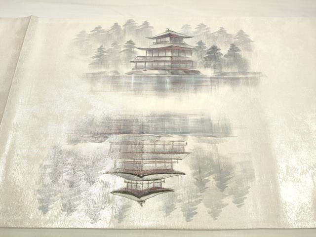 平和屋着物◎太鼓柄袋帯 刺繍 風景文 銀糸 銀彩 正絹 逸品 DABD3922xg