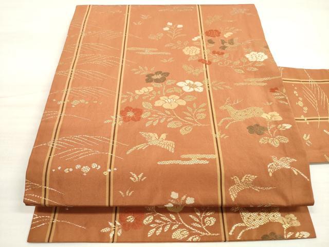 平和屋着物◎九寸名古屋帯 唐織 竹屋町刺繍 花鳥動物文 正絹 逸品 DABD3964xg