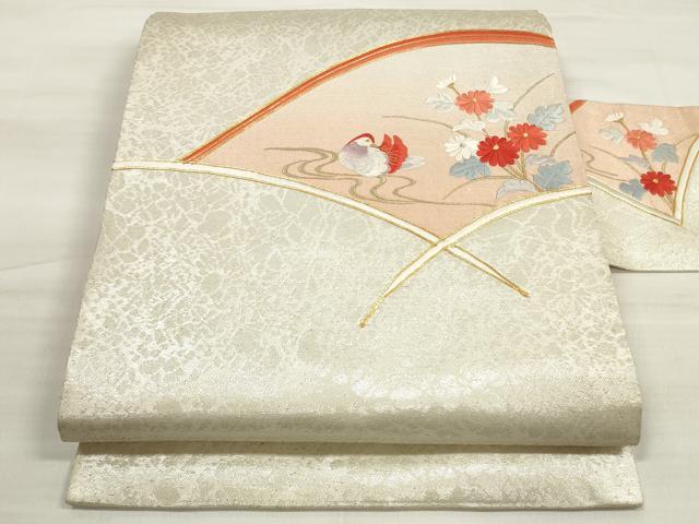 平和屋着物◎九寸名古屋帯 総刺繍 駒刺繍 流水花鳥文 金糸 正絹 逸品 DABD3974xg