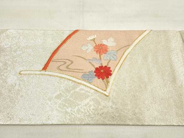 平和屋着物◎九寸名古屋帯 総刺繍 駒刺繍 流水花鳥文 金糸 正絹 逸品 DABD3974xg