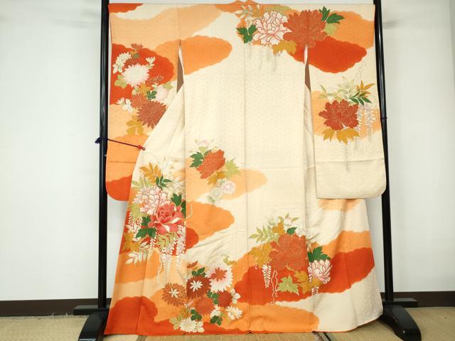 平和屋着物●豪華振袖　駒刺繍　鹿の子花鳥文　暈し染め　金彩　正絹　逸品　DABD9168ud 平和屋着物○豪華振袖 駒刺繍 鹿の子花鳥文 暈し染め 金彩 正絹 逸品