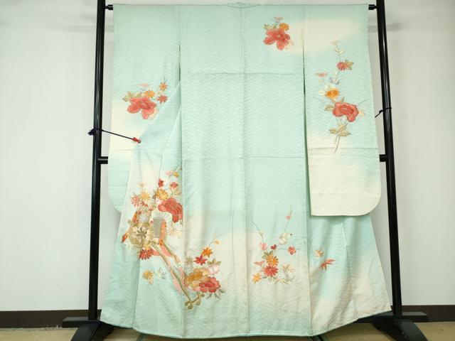 平和屋着物■豪華振袖 総刺繍 御所車花文 暈し染め 金銀糸 正絹 逸品 DABD4106qa