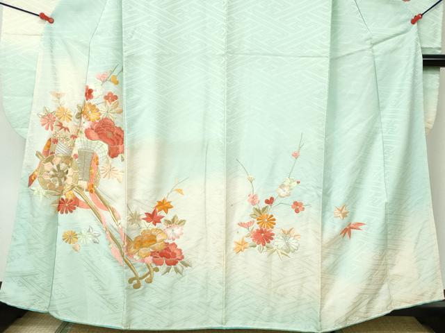 平和屋着物■豪華振袖 総刺繍 御所車花文 暈し染め 金銀糸 正絹 逸品 DABD4106qa