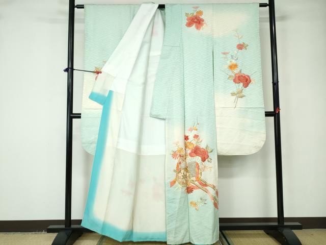 平和屋着物■豪華振袖 総刺繍 御所車花文 暈し染め 金銀糸 正絹 逸品 DABD4106qa