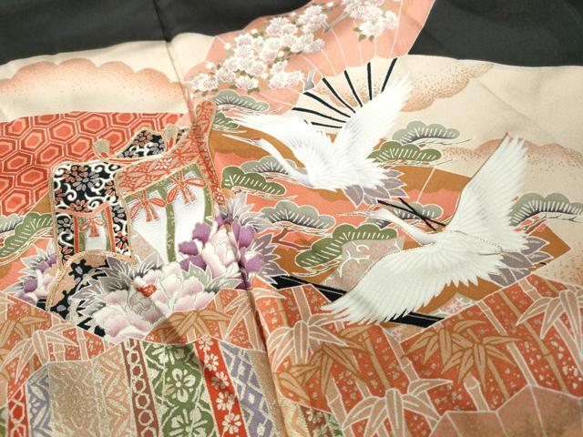 平和屋着物■豪華黒留袖 駒刺繍 扇面飛鶴花文 暈し染め 金彩 正絹 逸品 DABD4133qa