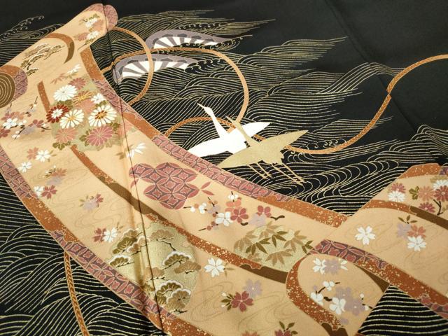 平和屋着物■豪華黒留袖 駒刺繍 立波飛鶴絵巻文 金彩 正絹 逸品 DABD4134qa