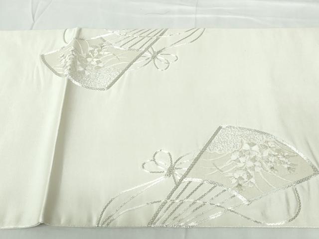 平和屋着物◎太鼓柄袋帯 駒刺繍 扇面花文 銀糸 正絹 逸品 DABD4264qa