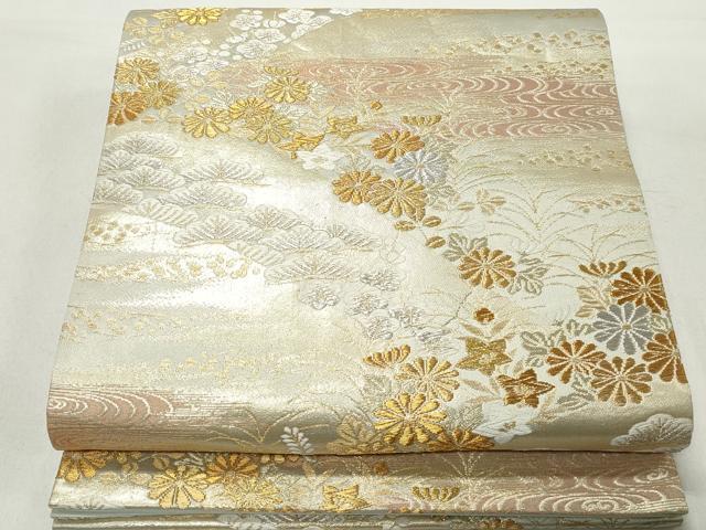 平和屋着物◎六通柄袋帯 流水枝松花文 西陣錦織 金銀糸 正絹 逸品 DABD4301qa