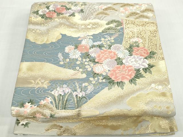平和屋着物◎六通柄袋帯 唐織 風景几帳花文 華祥錦 金糸 正絹 逸品 DABD4346qa