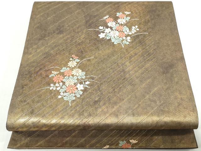 平和屋着物◎六通柄袋帯 唐織 斜縞草花文 金糸 引箔 正絹 逸品 DABD4362qa