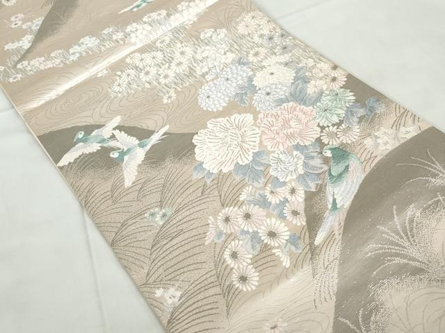 平和屋着物◎六通柄袋帯 唐織 二重織 流水花鳥文 プラチナ箔 正絹 逸品 DABD4501qa