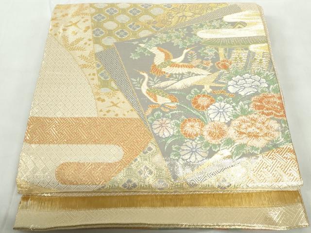 平和屋着物◎宝珠本佐賀錦 六通柄袋帯 九百錦 色紙重ね飛鶴花文 金糸 証紙付き 正絹 逸品 DABD4503qa