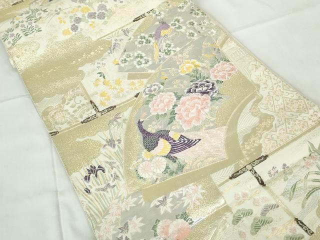 平和屋着物◎六通柄袋帯 唐織 地紙孔雀花文 九百錦 金銀糸 正絹 逸品 DABD4514qa
