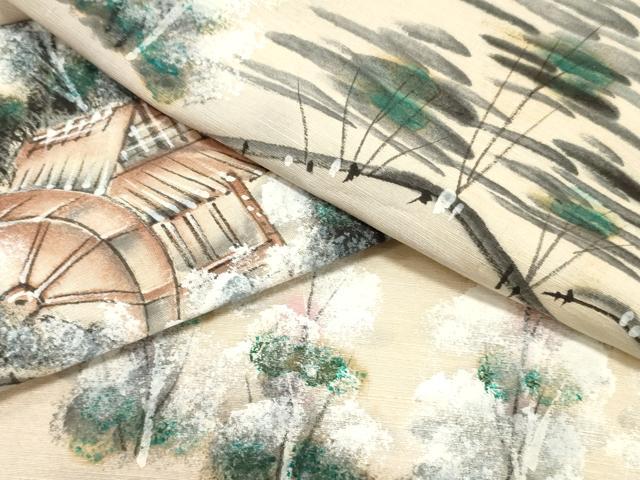 平和屋着物▼付下げ 反物 着尺 紬地 手描き 風景文 逸品 未使用 DABD4993zy
