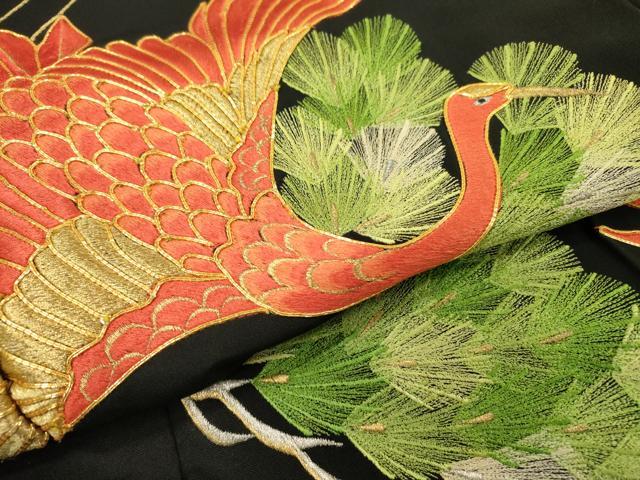 平和屋着物▼豪華黒留袖 駒刺繍 総刺繍 飛鶴松文 金銀糸 正絹 逸品 DABD5304fe