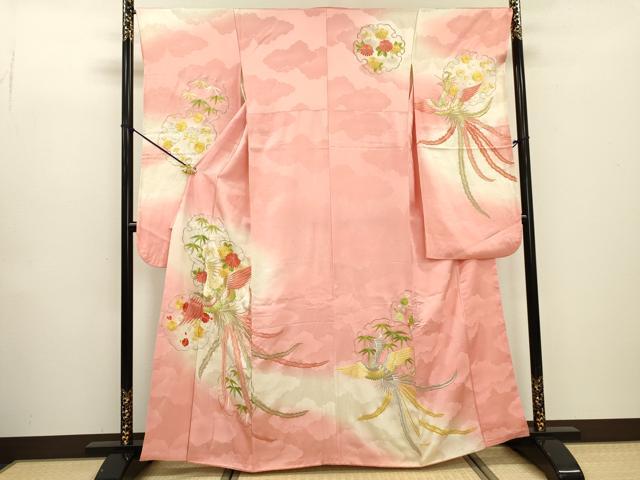 平和屋着物●豪華振袖　駒刺繍　雪輪鳳凰花蝶文　暈し染め　金彩　正絹　逸品　AABG2770cs 平和屋着物□豪華振袖 総刺繍 雪輪鳳凰花文 暈し染 金