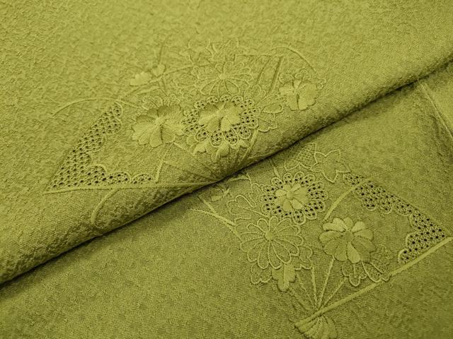平和屋着物▼中国三大刺繍 スワトウ刺繍 汕頭刺繍 総刺繍 訪問着 扇面花文 青丹色 正絹 逸品 DABD5432fe