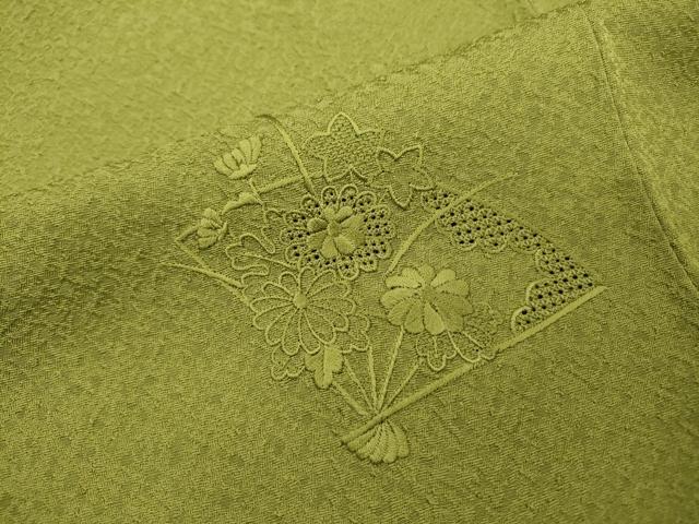 平和屋着物▼中国三大刺繍 スワトウ刺繍 汕頭刺繍 総刺繍 訪問着 扇面花文 青丹色 正絹 逸品 DABD5432fe