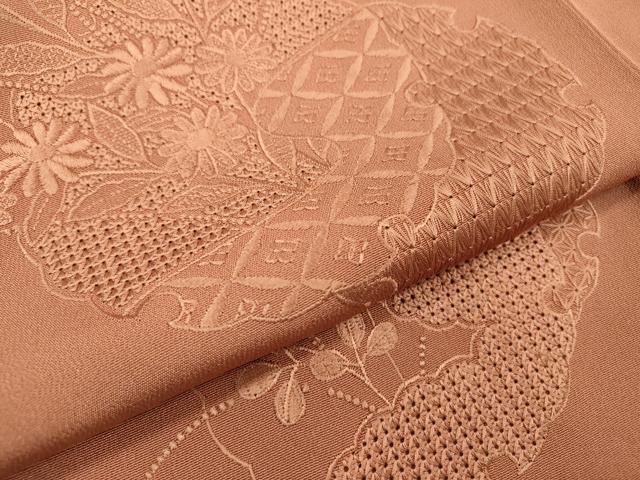 平和屋着物▼中国三大刺繍 スワトウ刺繍 汕頭刺繍 総刺繍 無地絵羽訪問着 雪輪花文 遠州茶色 正絹 逸品 DABD5538fe