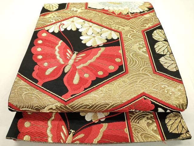平和屋着物◎六通柄袋帯 唐織 亀甲舞蝶飛鶴花文 黒地 金糸 正絹 逸品 DABD5624fe