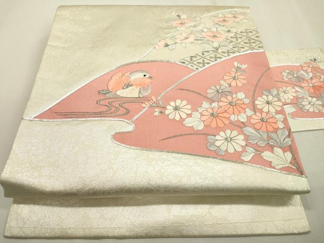 平和屋着物◎九寸名古屋帯 駒刺繍 総刺繍 鴛鴦花文 銀糸 正絹 逸品 DABD5631fe