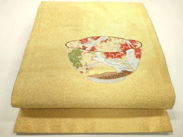 平和屋着物▼綴れ 九寸開き名古屋帯 総刺繍 陶器花文 正絹 逸品 DABD5657fe