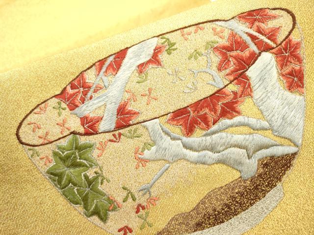 平和屋着物▼綴れ 九寸開き名古屋帯 総刺繍 陶器花文 正絹 逸品 DABD5657fe