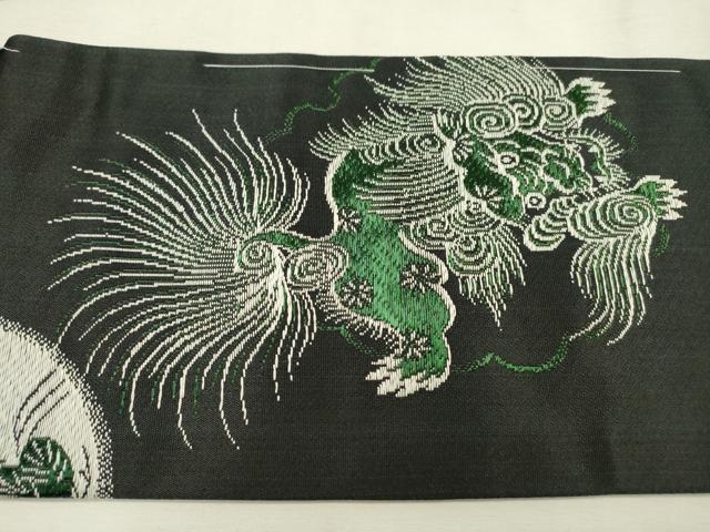 平和屋着物●アンティーク 大正ロマン 九寸名古屋帯 唐獅子 黒地 金糸 正絹 逸品 DABD5833fe