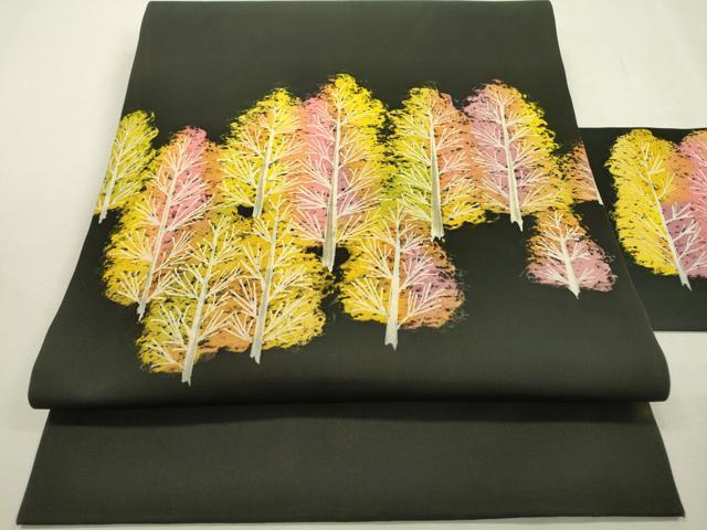 平和屋着物●塩瀬 九寸名古屋帯 ろうけつ染 樹林文 黒地 正絹 逸品 DABD5838fe