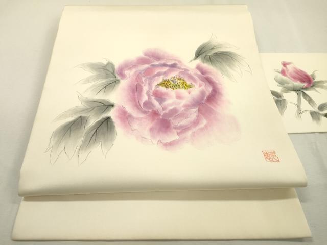 平和屋着物●塩瀬 九寸名古屋帯 作家物 手描き 草花 正絹 逸品 DABD5841fe