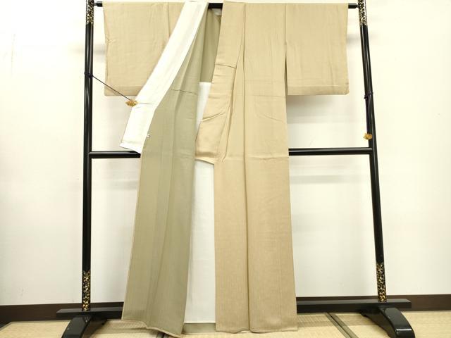 平和屋着物▽上質な色無地 単衣 両面染 草葉間道地紋 亜麻色 正絹 逸品 DABD5862fe