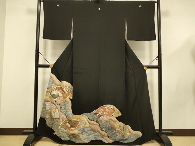 平和屋着物■豪華黒留袖 駒刺繍 扇面飛鶴花文 金彩 正絹 逸品 DABD6005du