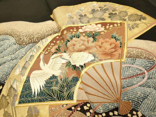 平和屋着物■豪華黒留袖 駒刺繍 扇面飛鶴花文 金彩 正絹 逸品 DABD6005du