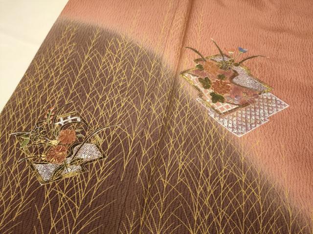 平和屋着物■中国三大刺繍 スワトウ刺繍 汕頭刺繍 訪問着 松皮菱花文 暈し染め 金銀彩 正絹 逸品 DABD6032du