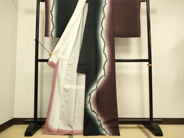 平和屋着物●訪問着 短冊吉祥花文 暈し染め 黒地 正絹 逸品 DABD6113du