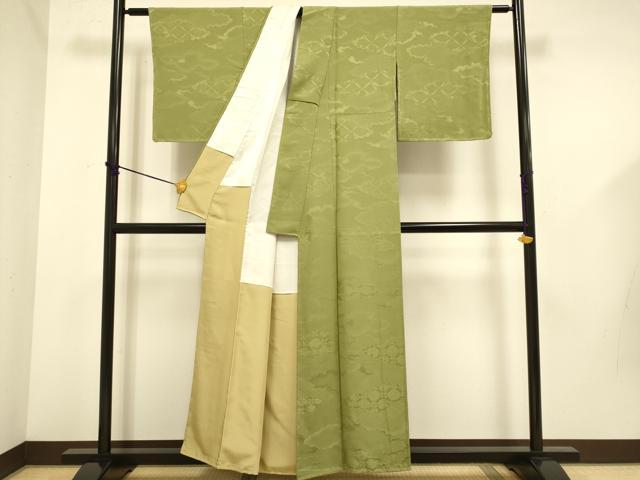 平和屋着物●上質な色無地 雲取吉祥花地紋 根岸色 正絹 逸品 未使用 DABD6123du