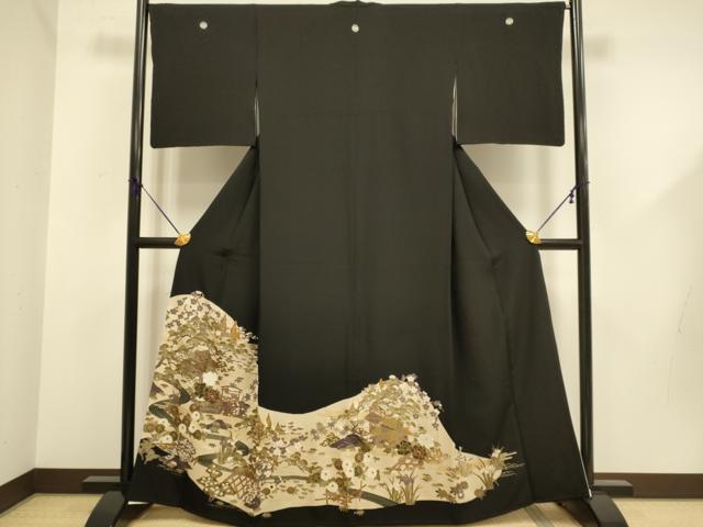 平和屋着物■豪華黒留袖 風景花文 松竹梅 金彩 正絹 逸品 DABD6183du