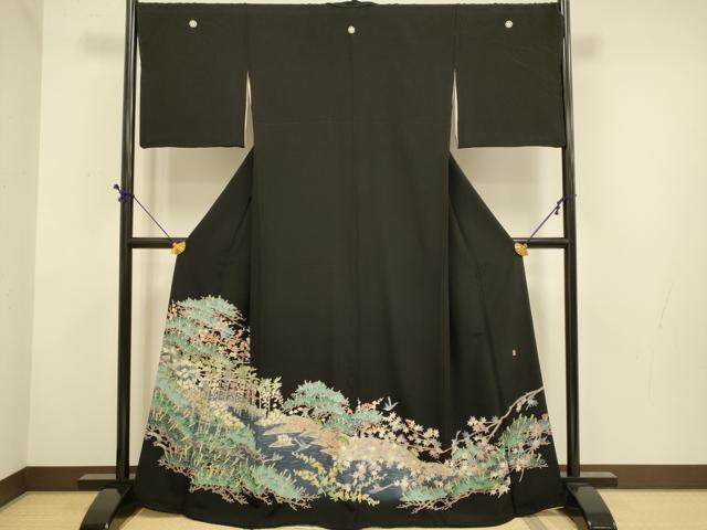 平和屋着物●本加賀友禅作家 魚津誠 黒留袖 風景花鳥文 正絹 逸品 DABD6309du