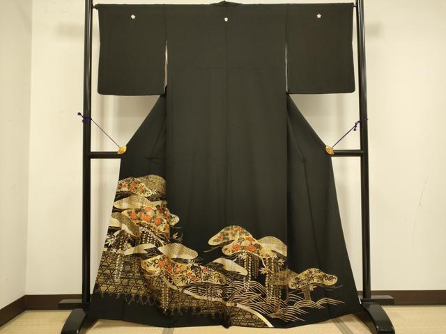 平和屋着物■豪華黒留袖 駒刺繍 花松文 金銀彩 正絹 逸品 DABD6332du