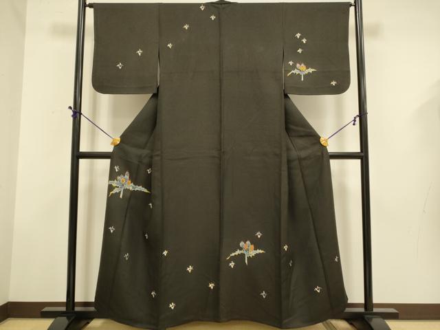 平和屋着物▽訪問着 単衣 刺繍 松ぼっくり 黒地 銀通し地 正絹 逸品 DABD6497du