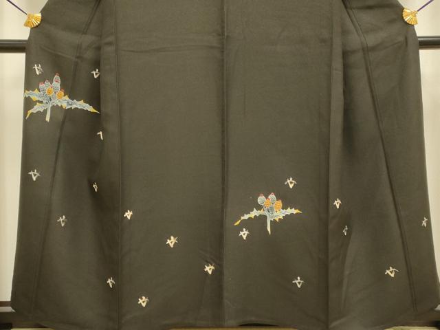 平和屋着物▽訪問着 単衣 刺繍 松ぼっくり 黒地 銀通し地 正絹 逸品 DABD6497du